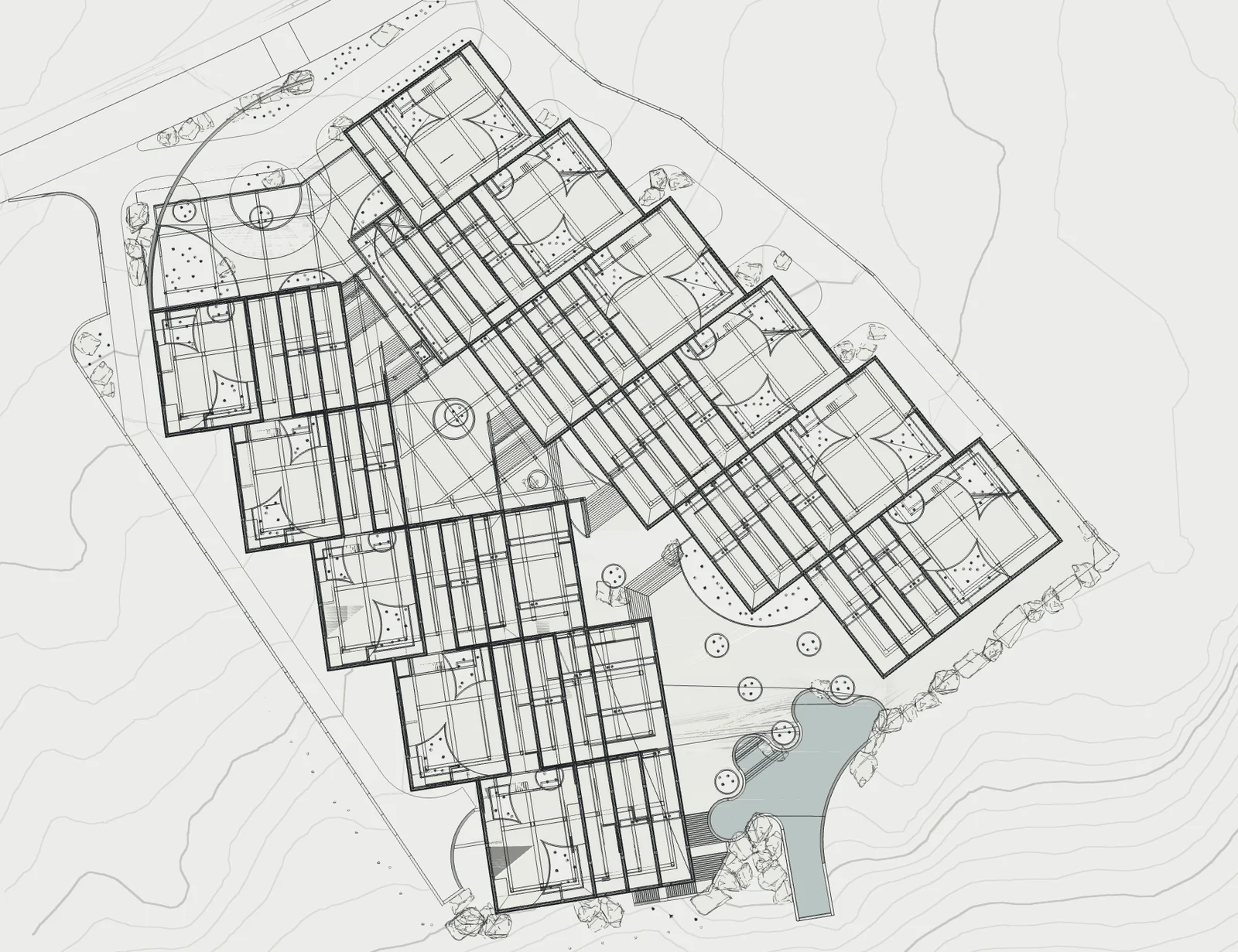 A site plan with terraced buildings around a pool, drawn from the developer's own 3D model