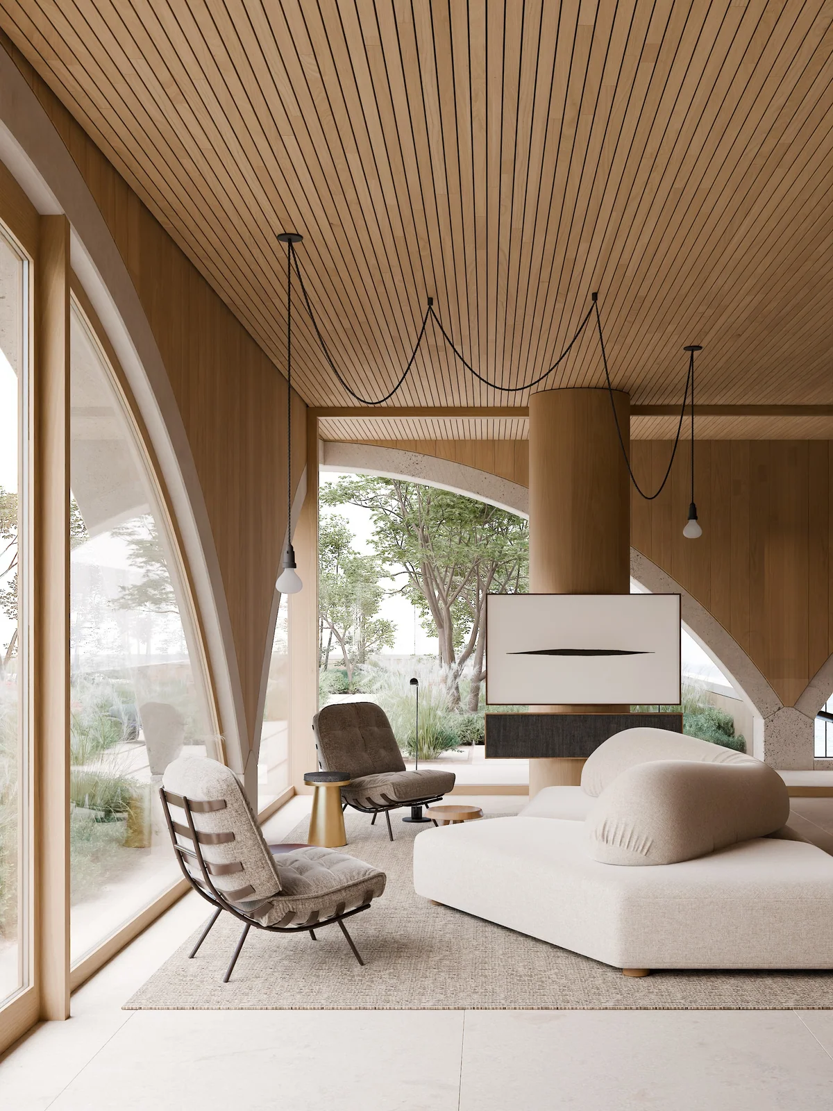 A living room with an arched window onto the trees