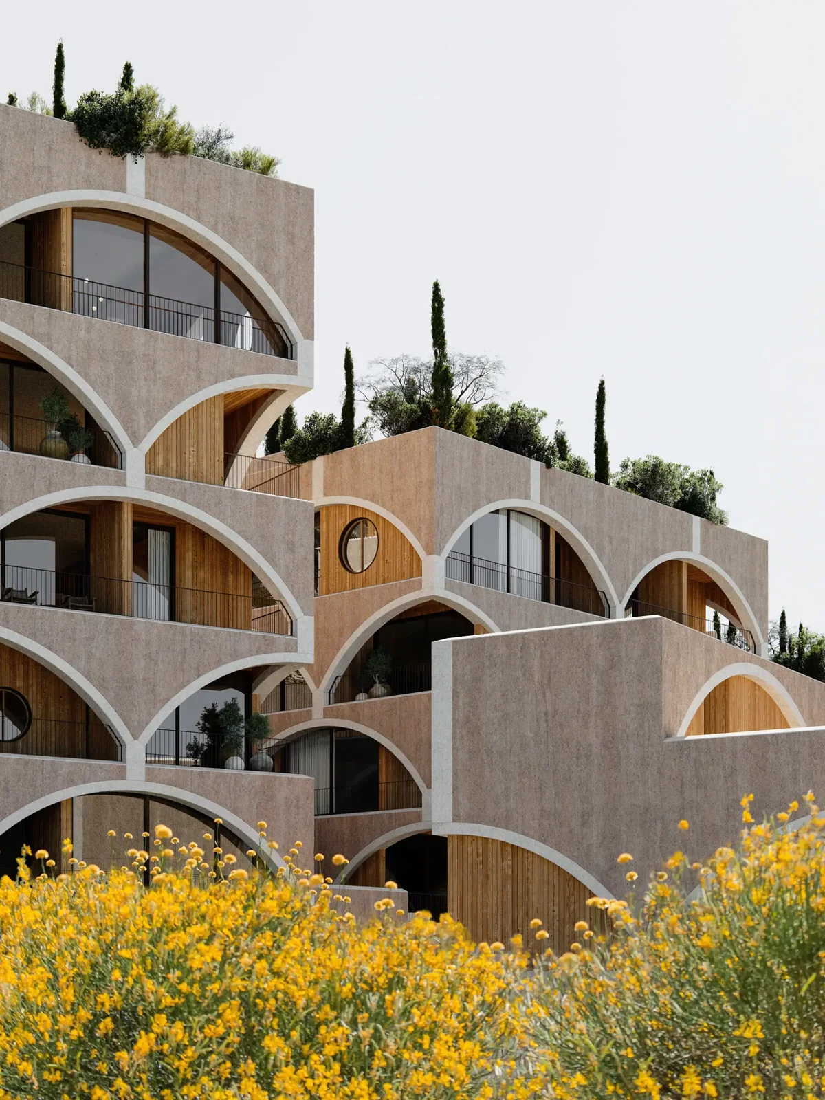 Arched facades above yellow flowers