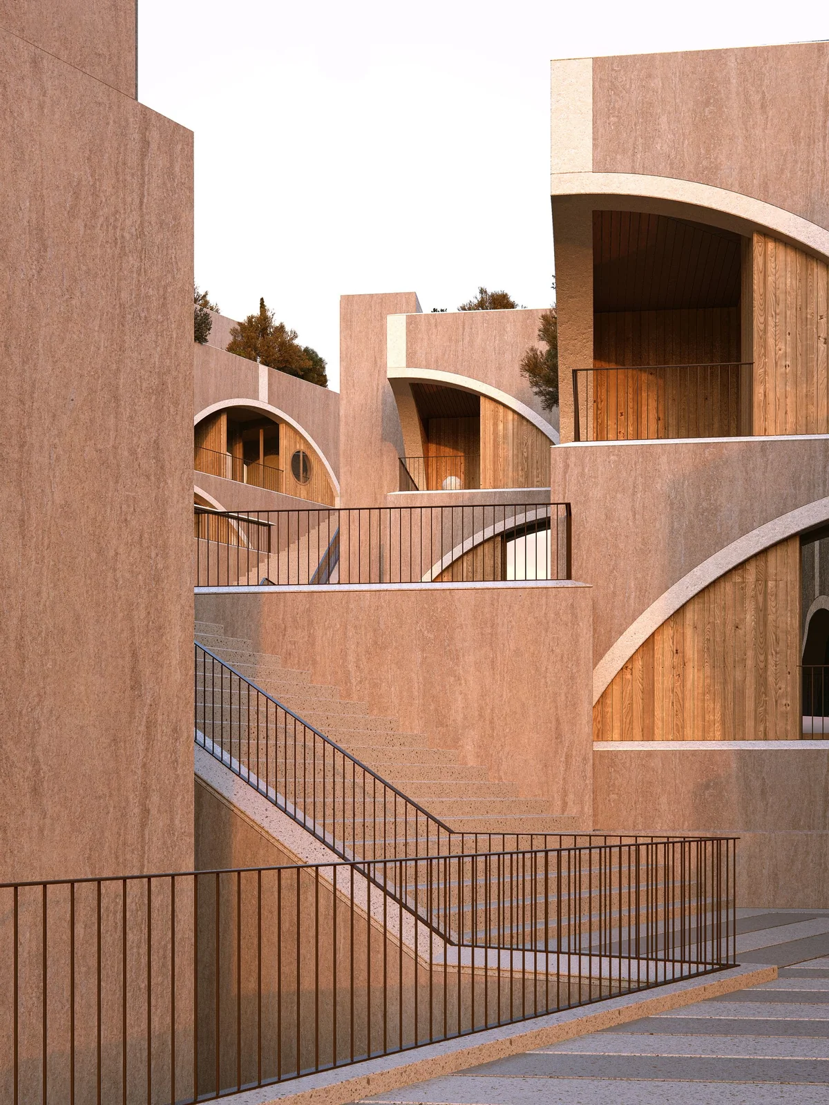 Terracotta facades and stairs between the houses