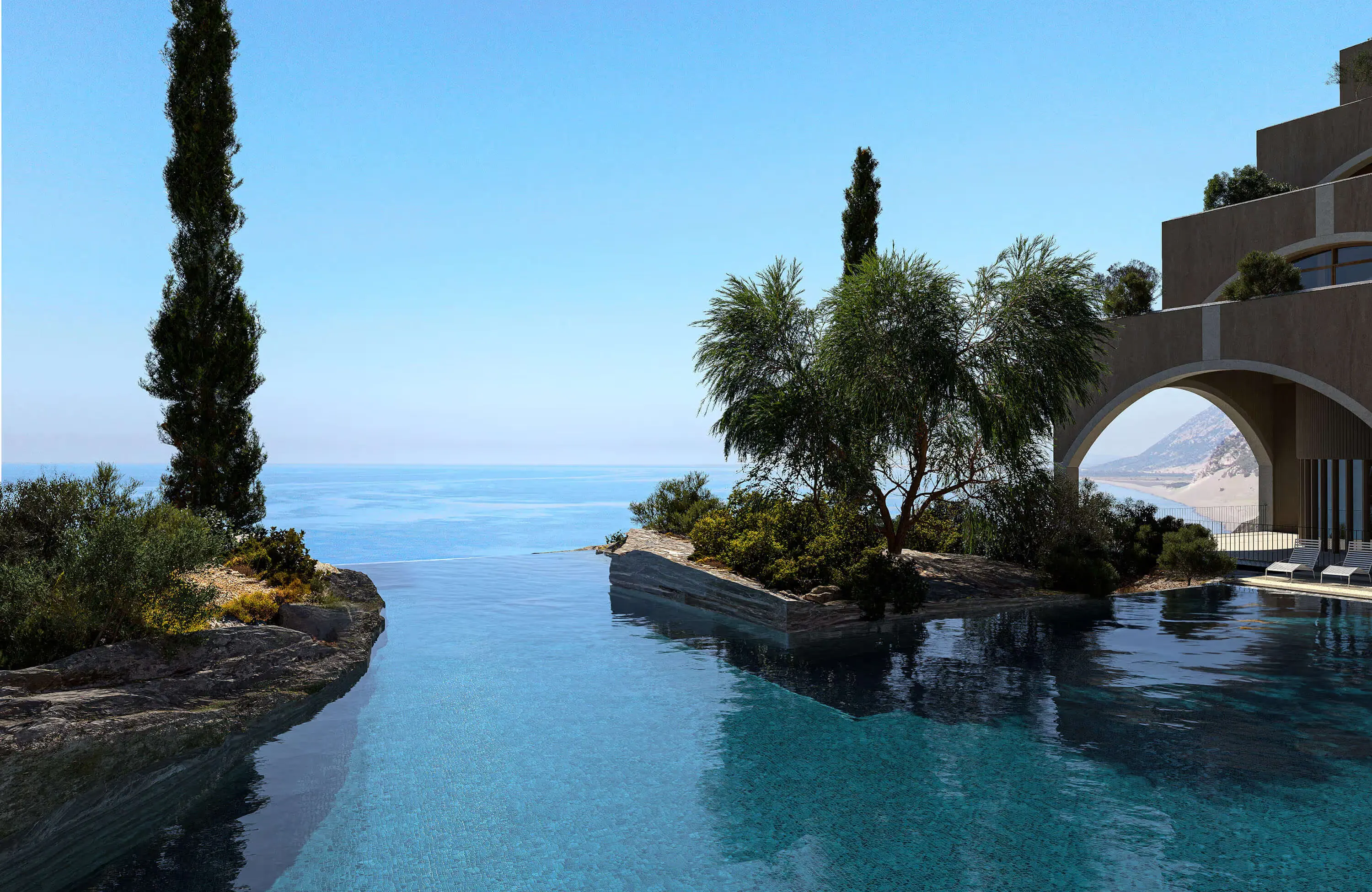 The infinity pool above the sea at Veranda, with a cypress and a tree island, in the visualisation by MIR