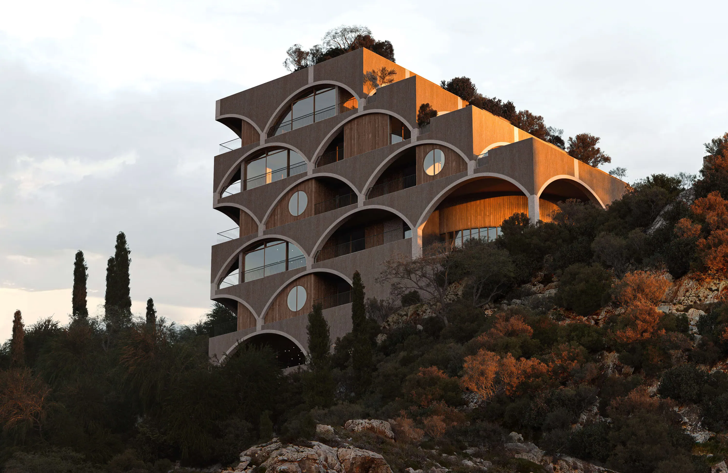 Veranda in the evening light: arched terraces stacked above the cypresses, in the visualisation by MIR