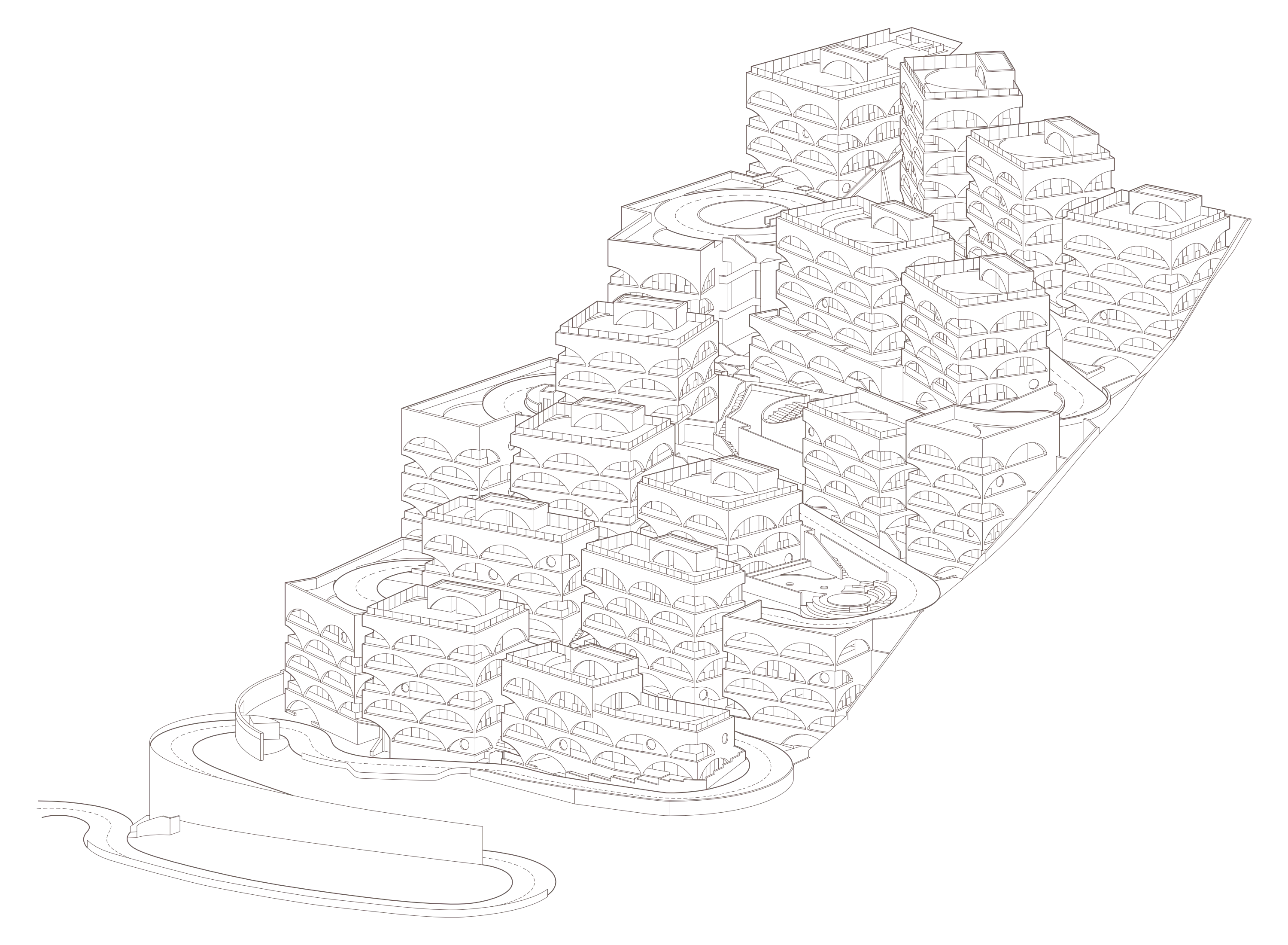 Line drawing of all the buildings of Veranda Village on the hill