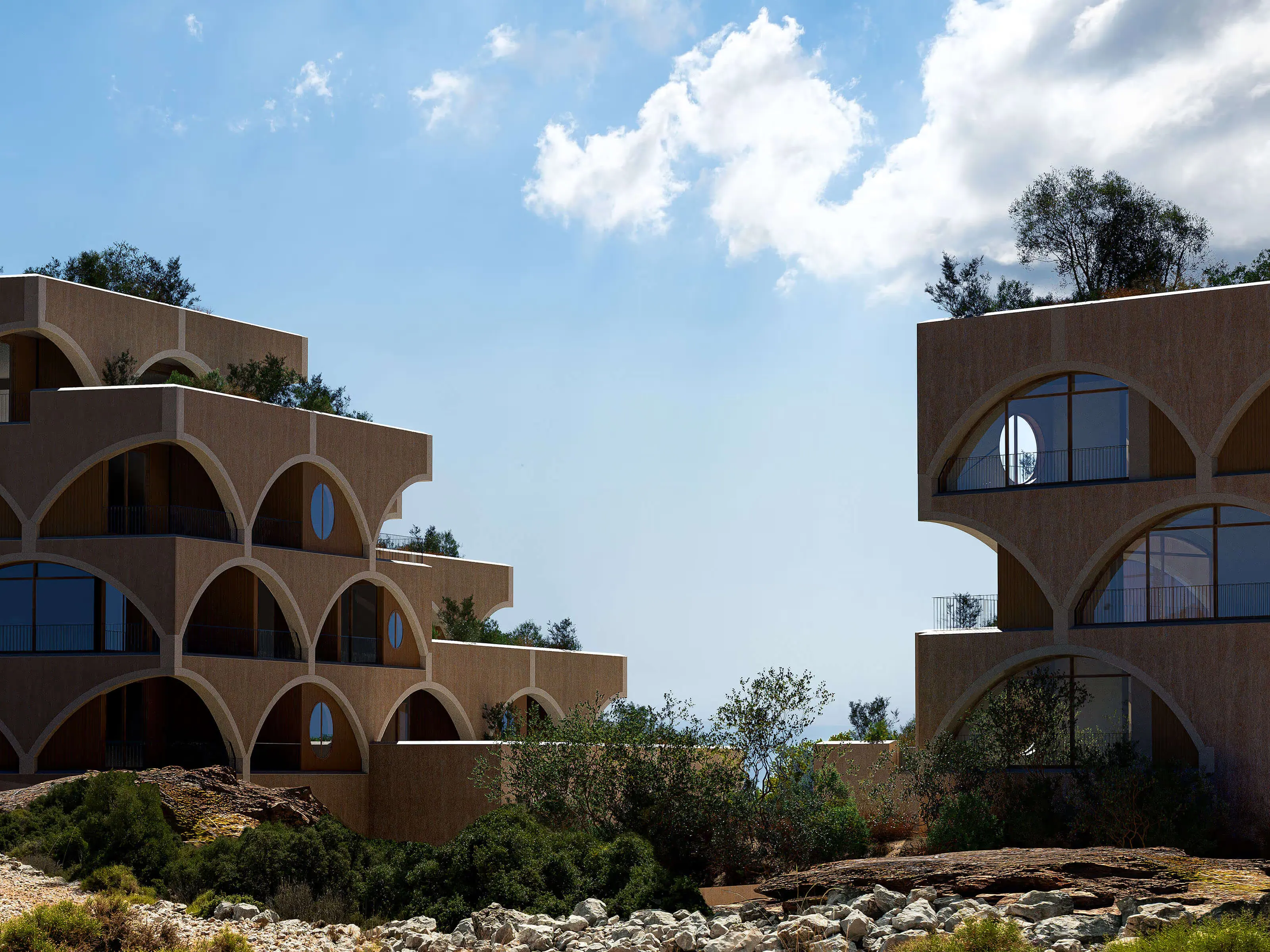 Arched terraces of Veranda on the rocky hillside under the clouds, in the visualisation by MIR for Studio Precht