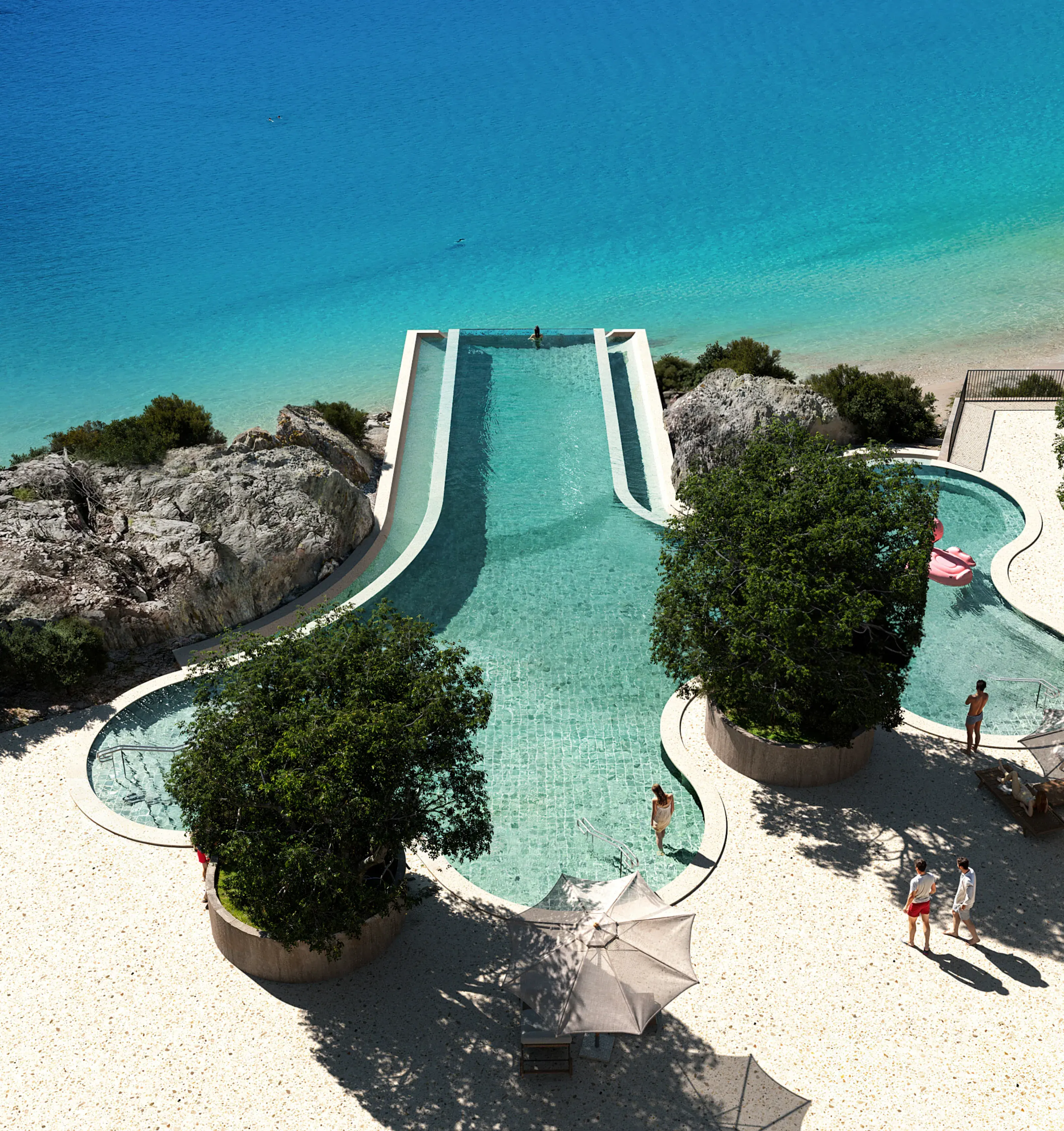 The pool carved into the rock above the beach, seen from above, in the visualisation by MIR