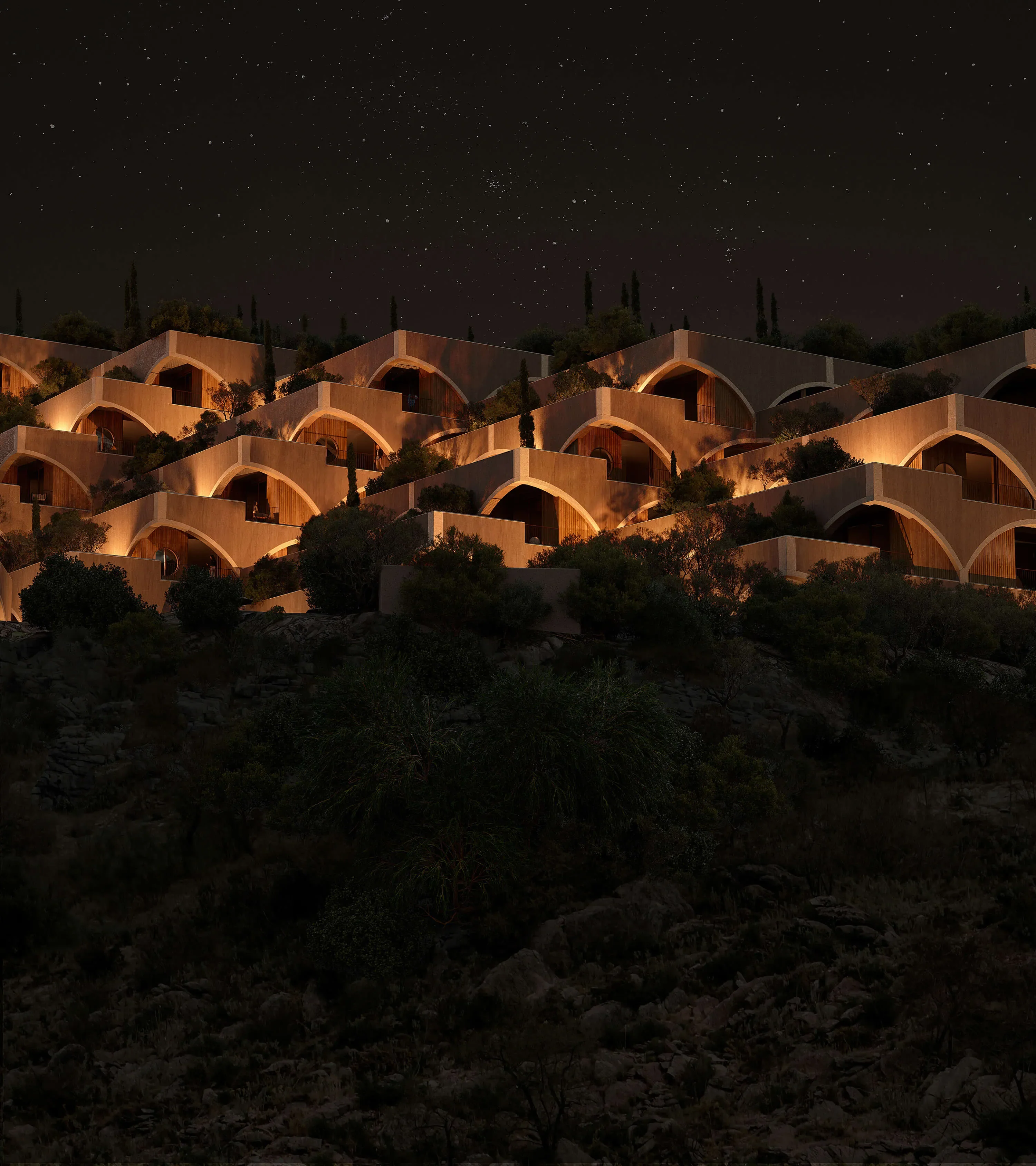 The village lit up on the hill at night, in the visualisation by MIR