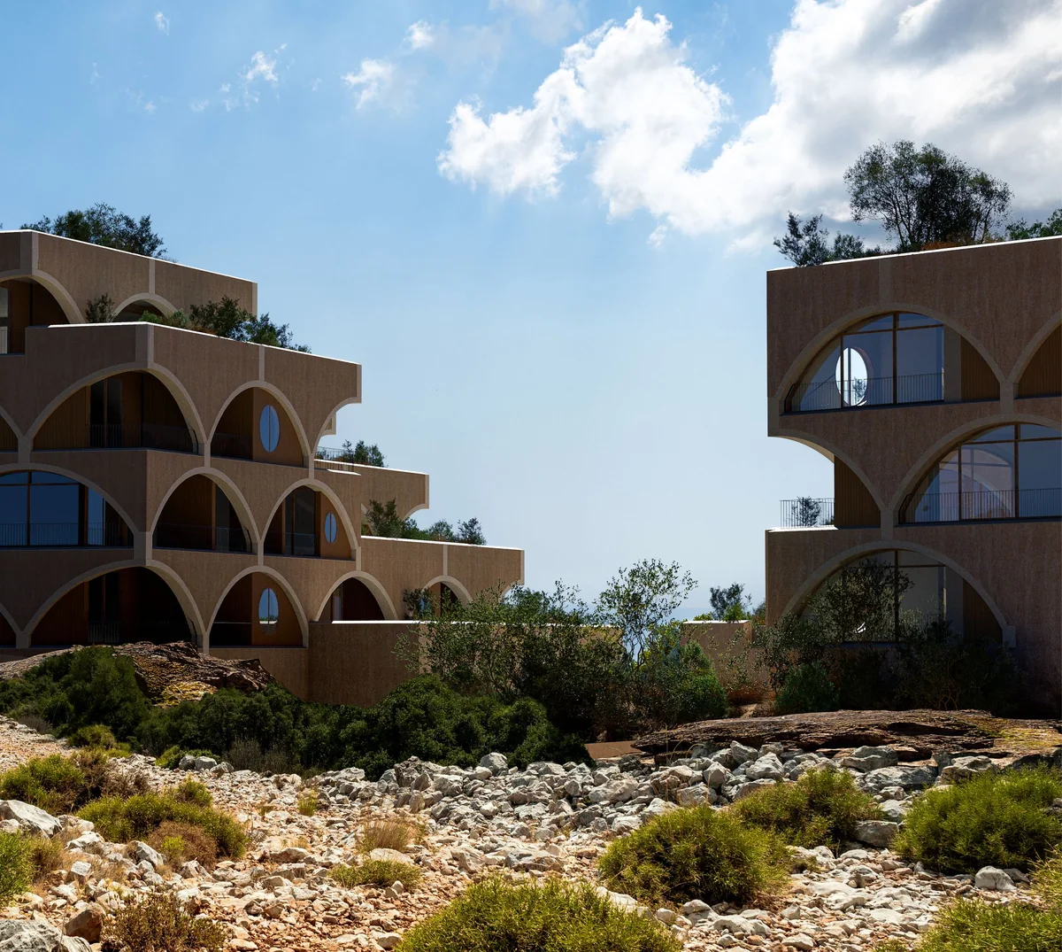 Veranda’s arched terraces above the rocky slope, visualisation by MIR