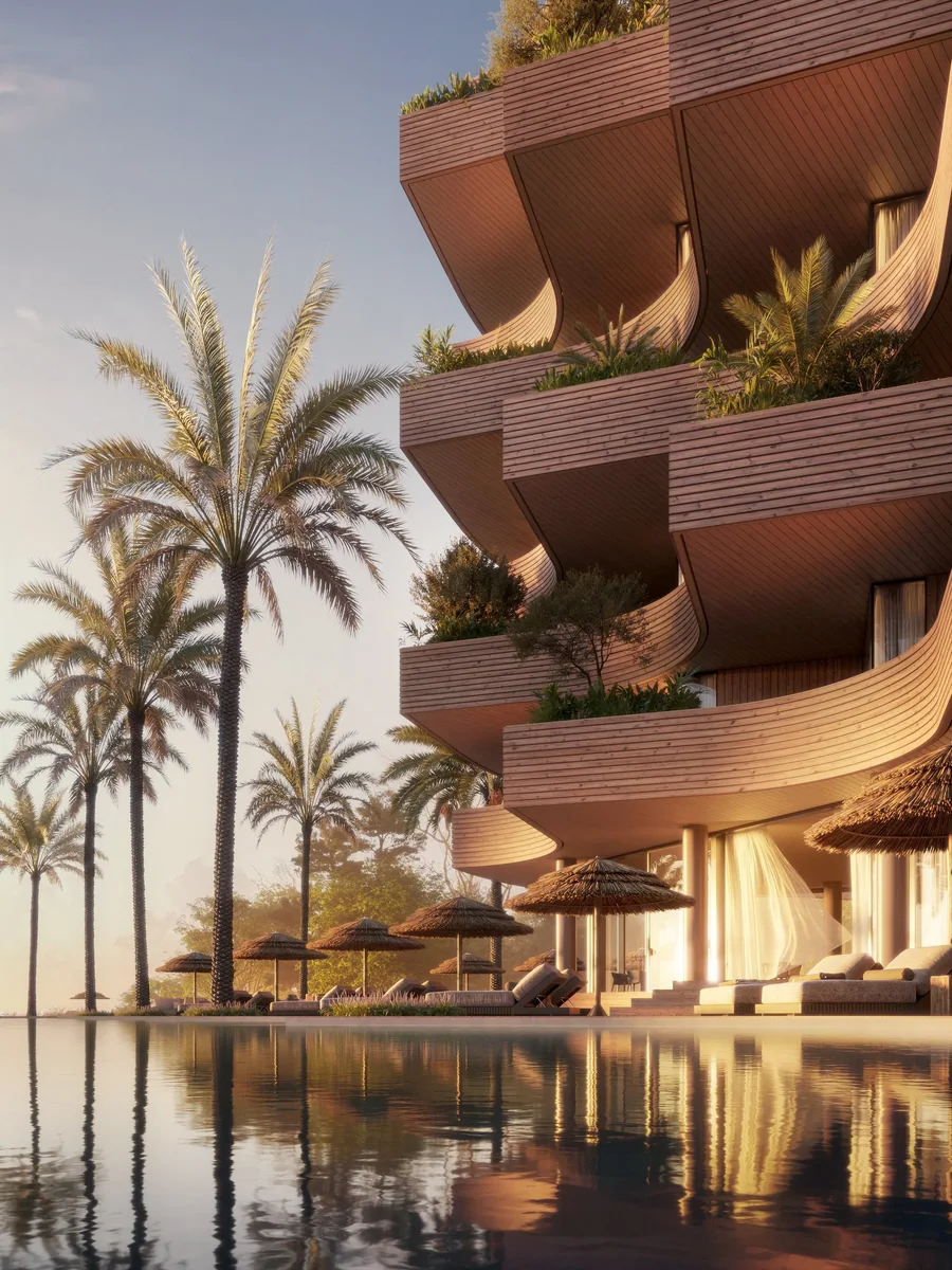 The hotel of Dukagjini Resort at dusk, planted terraces above a pool, in the architects’ visualisation