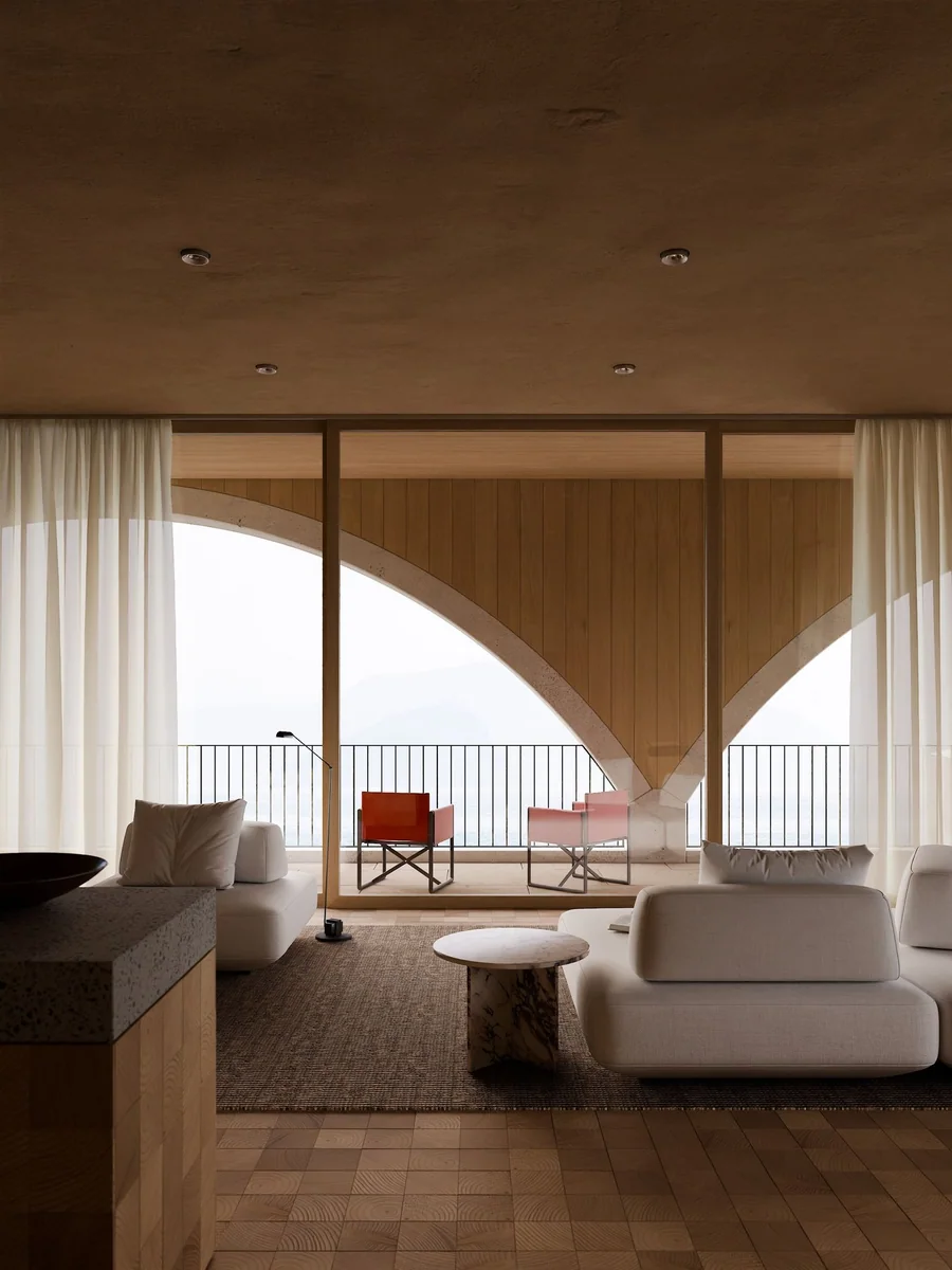 A living room at Dukagjini Resort with a timber ceiling and arched windows onto the sea, in their visualisation