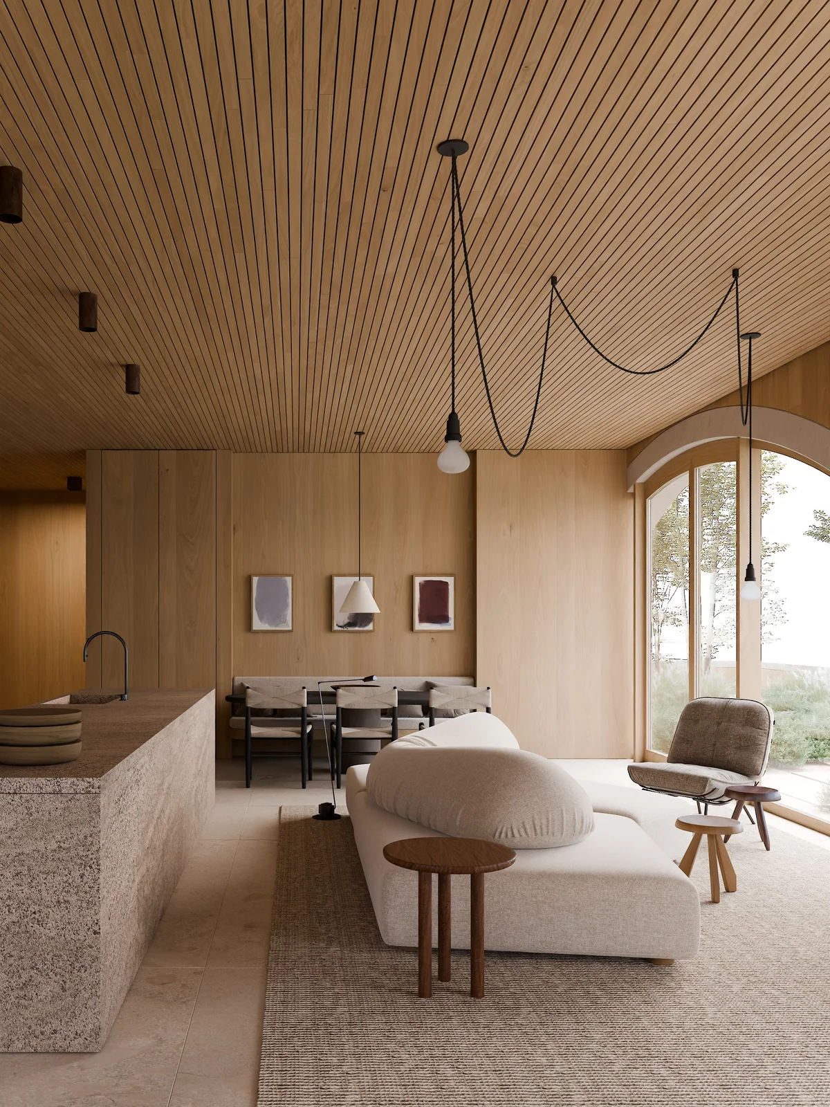 A living room under a timber ceiling at Veranda, visualisation by MIR